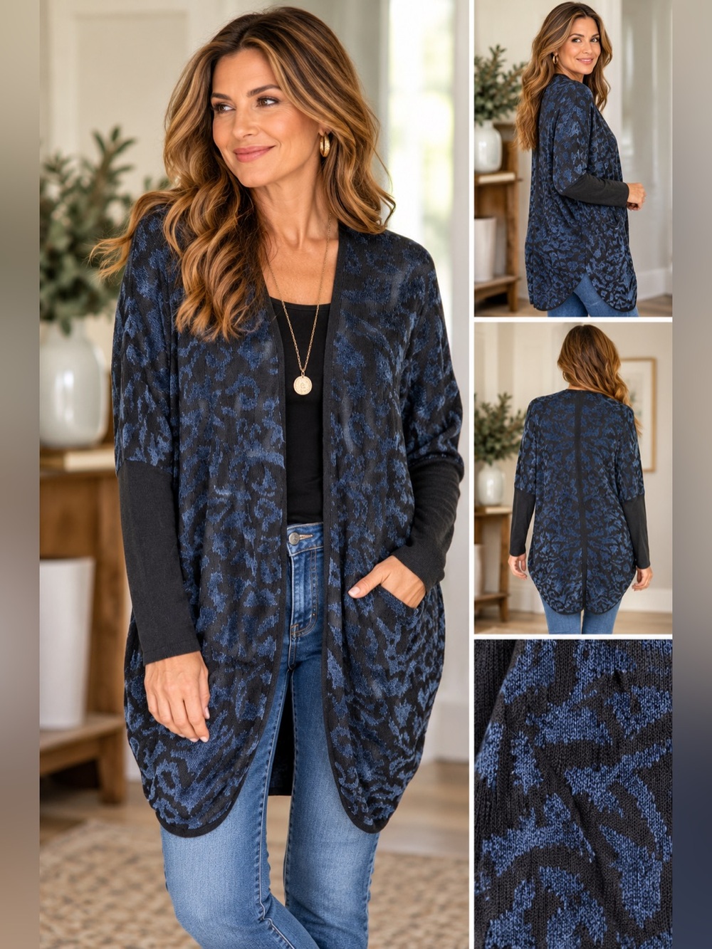 Lafayette 148 New York Blue Black Jacquard Open Front Cardigan M/L